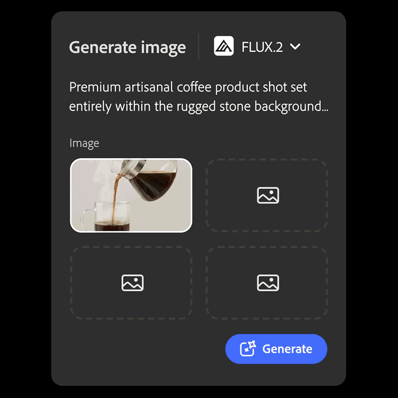 A digital interface displays a coffee image being poured into a glass mug, with three empty image placeholders and a blue "Generate" button below. The panel header reads "Generate image" and includes some descriptive text.