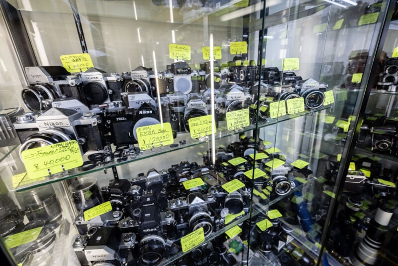 A glass display case filled with various vintage Nikon cameras and lenses, each labeled with yellow price tags written in Japanese, arranged neatly on two shelves.