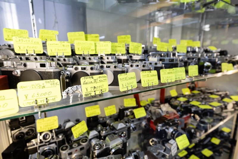 A glass display case filled with vintage cameras, each labeled with a yellow price tag handwritten in Japanese and marked with prices in yen. The shelves are densely packed with various camera models.