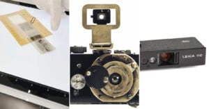 A collage of three images: a gloved hand examining a photo with a ruler, a close-up of a vintage camera viewfinder and lens, and a black Leica 110 camera showing its lens and viewfinder.