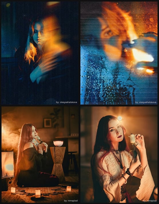 A collage of four moody, artistic photos featuring women with candles, soft lighting, and mystical atmospheres. Two images are blurred and abstract; two show women holding candles, surrounded by a warm, magical glow.