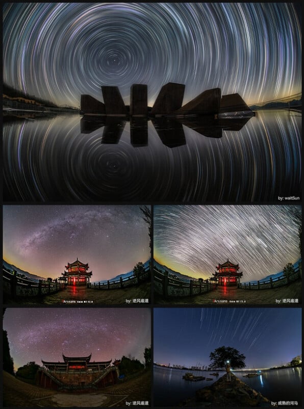 A collage of six night sky photos features star trails and the Milky Way above traditional Chinese pavilions, calm water, and silhouetted stone structures, reflecting celestial patterns in serene nighttime landscapes.