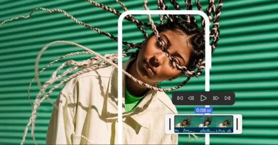 A person with braided hair poses against a green corrugated background. Some braids are suspended in motion. An editing interface with video controls and a timeline overlay appears on the image.