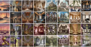 A collage of 30 images featuring grand architecture, elegant interiors, artistic landscapes, stained glass, and people in formal settings, along with scenes of boats, rain, clownfish, and fantasy castles, arranged in a 5x6 grid.