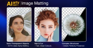 A promotional graphic for AI-powered image matting shows three examples: a woman in a veil, a woman with curly hair, and a dandelion, highlighting alpha matting for transparent objects, hair, fur, and complex details.