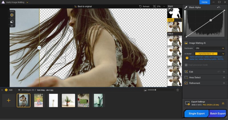 A photo editing software interface showing a woman with long hair in the main preview. Her background is removed, appearing transparent. Editing tools and export options are visible on the right, with image thumbnails at the bottom.