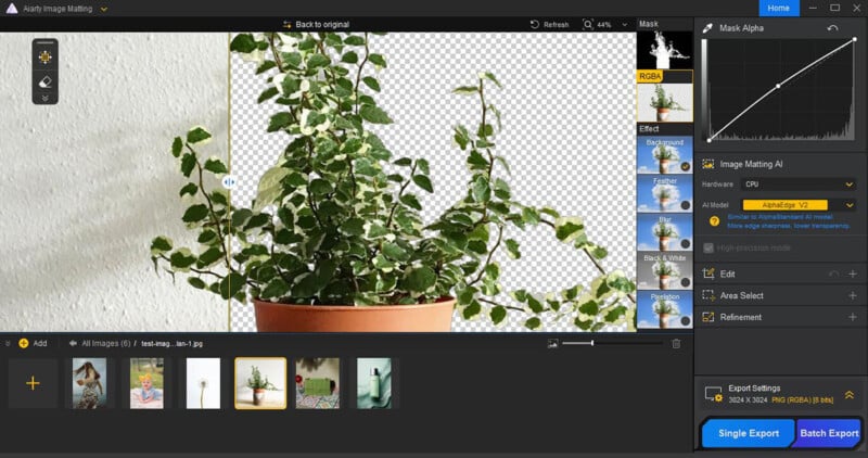 Screenshot of an image editing software showing a potted plant with a transparent background. Editing tools and image options are visible on the right, with export buttons at the bottom. Thumbnails of other images appear below.