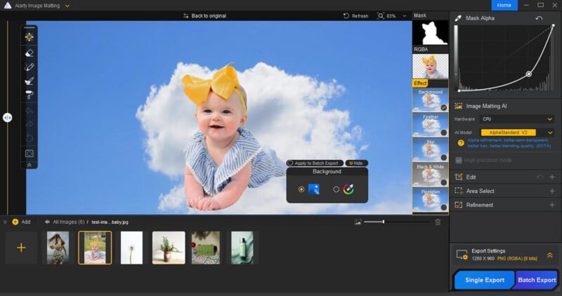 A screenshot of an image editing software showing a baby with a yellow bow sitting on a fluffy cloud against a blue sky. Editing tools and export options are visible on the right and bottom panels.