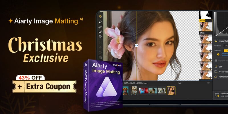 Promotional banner for Aiarty Image Matting AI showing a photo editing interface with a woman’s portrait, a purple product box, and text offering a 43% Christmas discount plus an extra coupon.