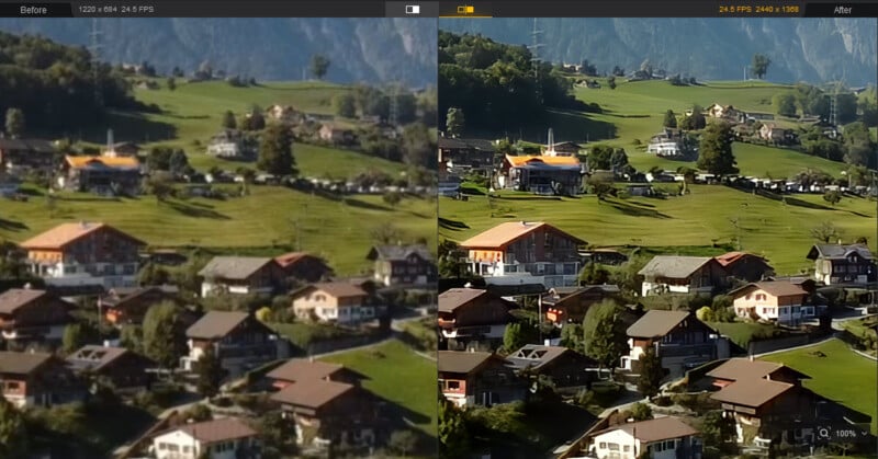 Side-by-side comparison of a rural landscape with houses and green hills; the left side is blurry, while the right side is much sharper and more detailed.