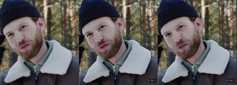 Three nearly identical images side by side show a bearded person outdoors wearing a navy beanie, a light green collared shirt, and a brown jacket with a white shearling collar; blurred trees are in the background.