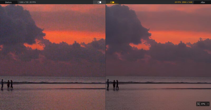 A split-screen comparison of a beach sunset scene shows three people near the shoreline. The left side is grainy and less detailed, while the right side is clearer with richer colors and sharper details.