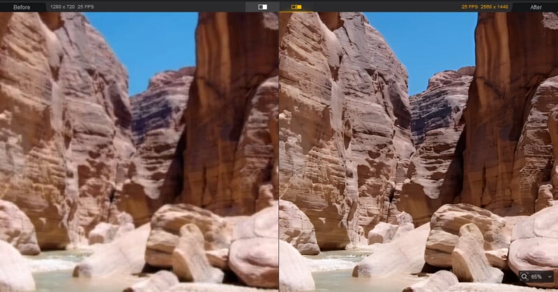 Side-by-side images of a canyon with rocky walls and a small river. The left image is blurry, while the right image is sharper and clearer, highlighting details in the rocks and water under a blue sky.