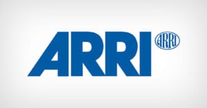 The ARRI logo features large, bold blue letters spelling "ARRI," with a smaller circular emblem containing "ARRI" in blue lines on a white background.