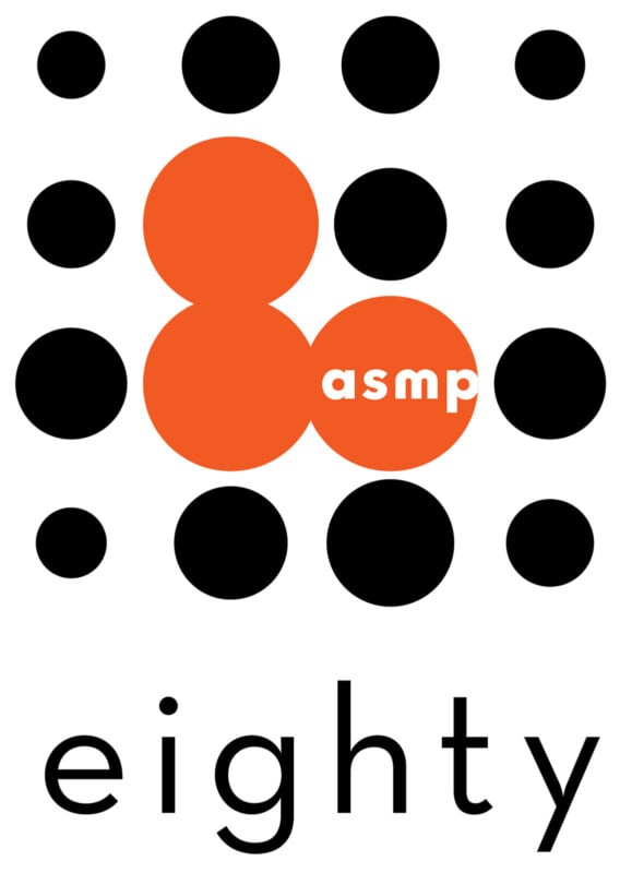 A grid of black circles with four orange circles forming the number "8". The orange circles contain the white text "asmp". Below the grid, the word "eighty" is written in lowercase letters.