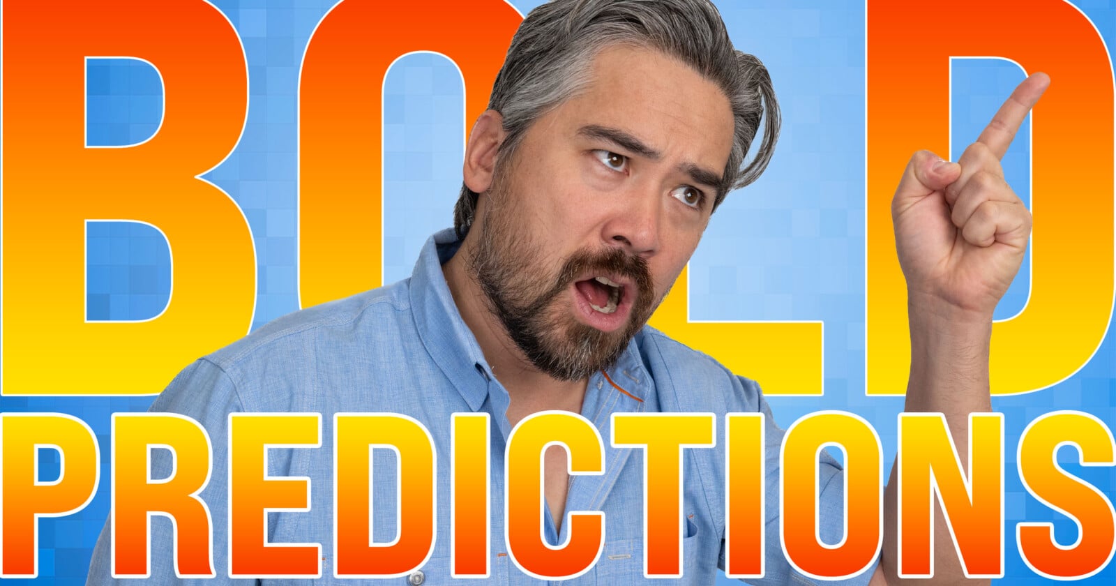 A man with gray hair and a beard points upward with a surprised expression, standing in front of large, colorful text that reads "BOLD PREDICTIONS" on a blue background.