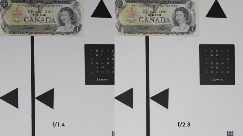 A Canadian one dollar bill and two focus test charts side by side, labeled "f/1.4" on the left and "f/2.8" on the right, each with black geometric shapes and a small letter chart.
