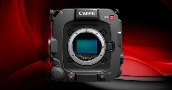 Front view of a Canon EOS cinema camera body without a lens, displaying the sensor and mount, against a dynamic red and black abstract background.