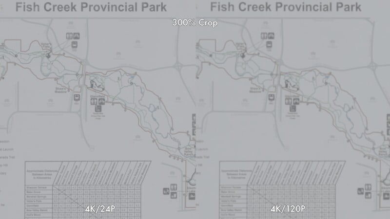 A side-by-side comparison of a Fish Creek Provincial Park map, showing a 300% crop of two different video resolutions: 4K/24P on the left and 4K/120P on the right. Both images appear slightly blurred.