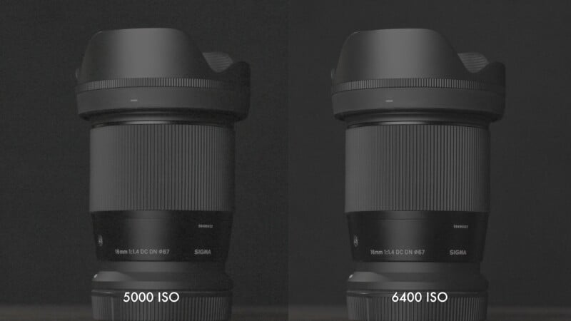 A side-by-side comparison of a camera lens, labeled Sigma 16mm 1:1.4 DC DN, showing different ISO settings: 5000 ISO on the left and 6400 ISO on the right.