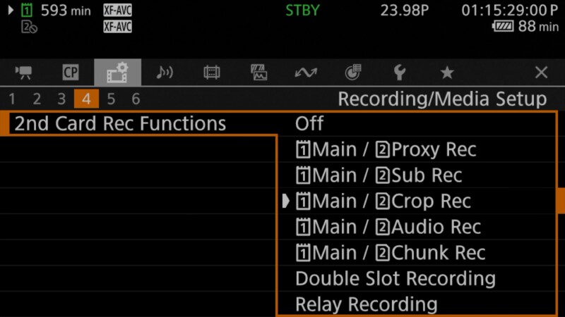 Camera menu screen showing "2nd Card Rec Functions" options in the "Recording/Media Setup" section. Various recording modes like Proxy Rec, Sub Rec, Crop Rec, and Audio Rec are listed for selection.
