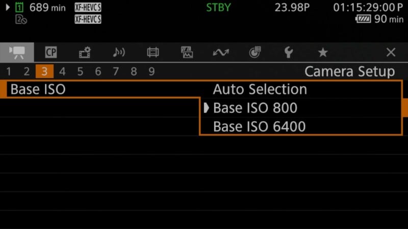 Camera settings menu screen displaying Base ISO options: Auto Selection, Base ISO 800, and Base ISO 6400. The Camera Setup section is highlighted, and Base ISO options are shown in an orange-bordered box.