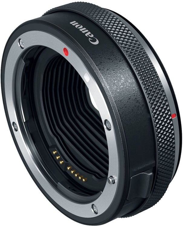 A close-up of a Canon camera lens mount adapter, showing the metallic connectors, alignment marks, textured grip, and the Canon logo on the black and silver cylindrical device.