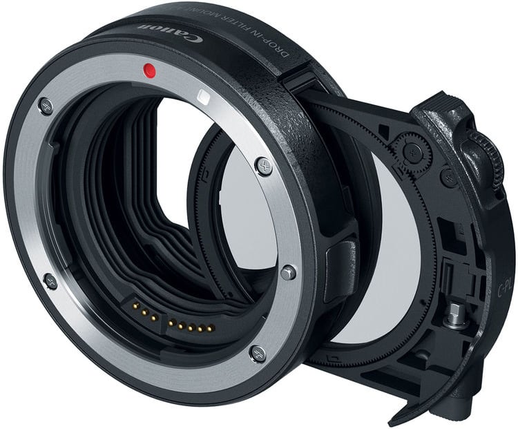 A Canon camera lens adapter with a built-in drop-in filter slot, shown open to display the internal filter and electronic contacts, designed for use with Canon RF mount cameras.