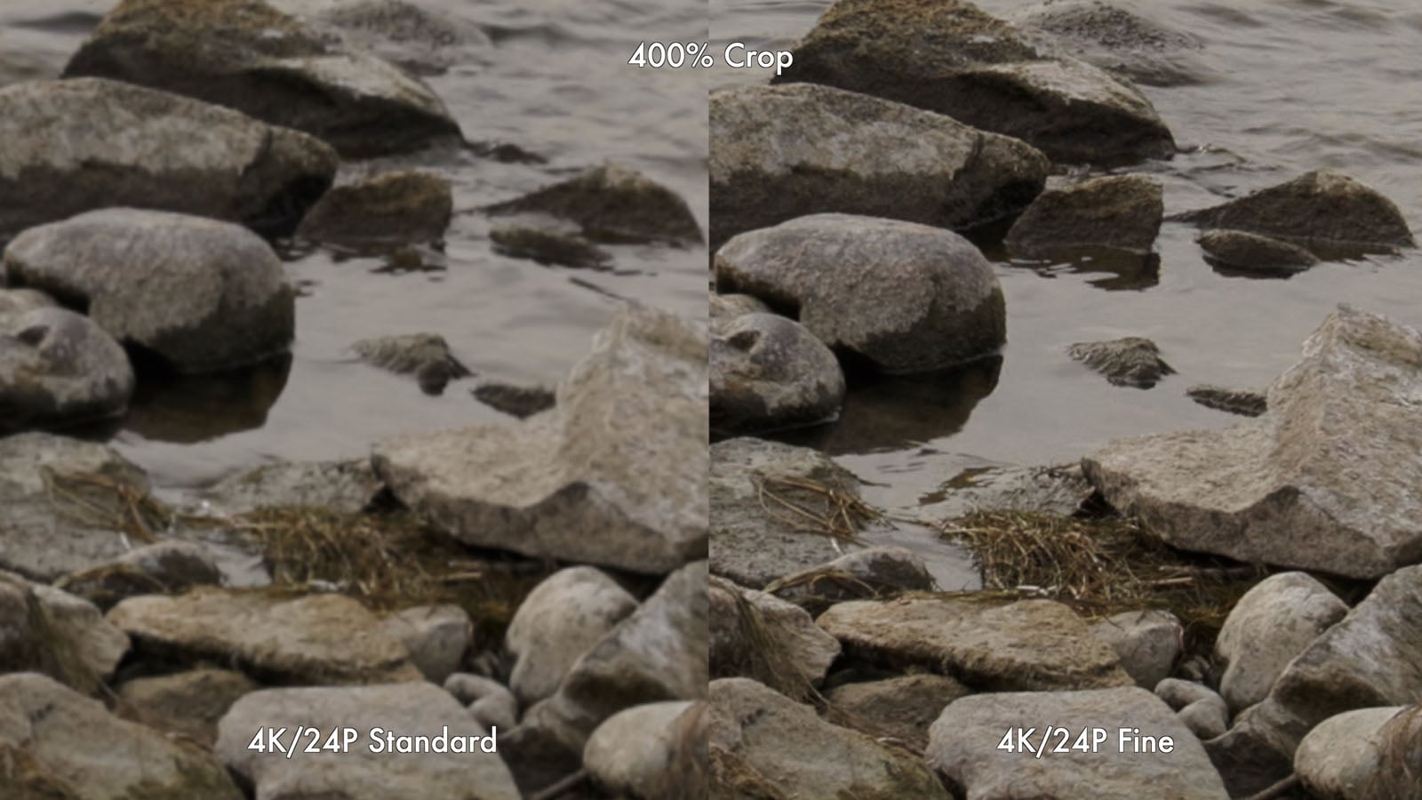 Side-by-side comparison of rocks by water, labeled "4K/24P Standard" on the left and "4K/24P Fine" on the right, showing the "400% Crop" detail difference between the two image quality settings.
