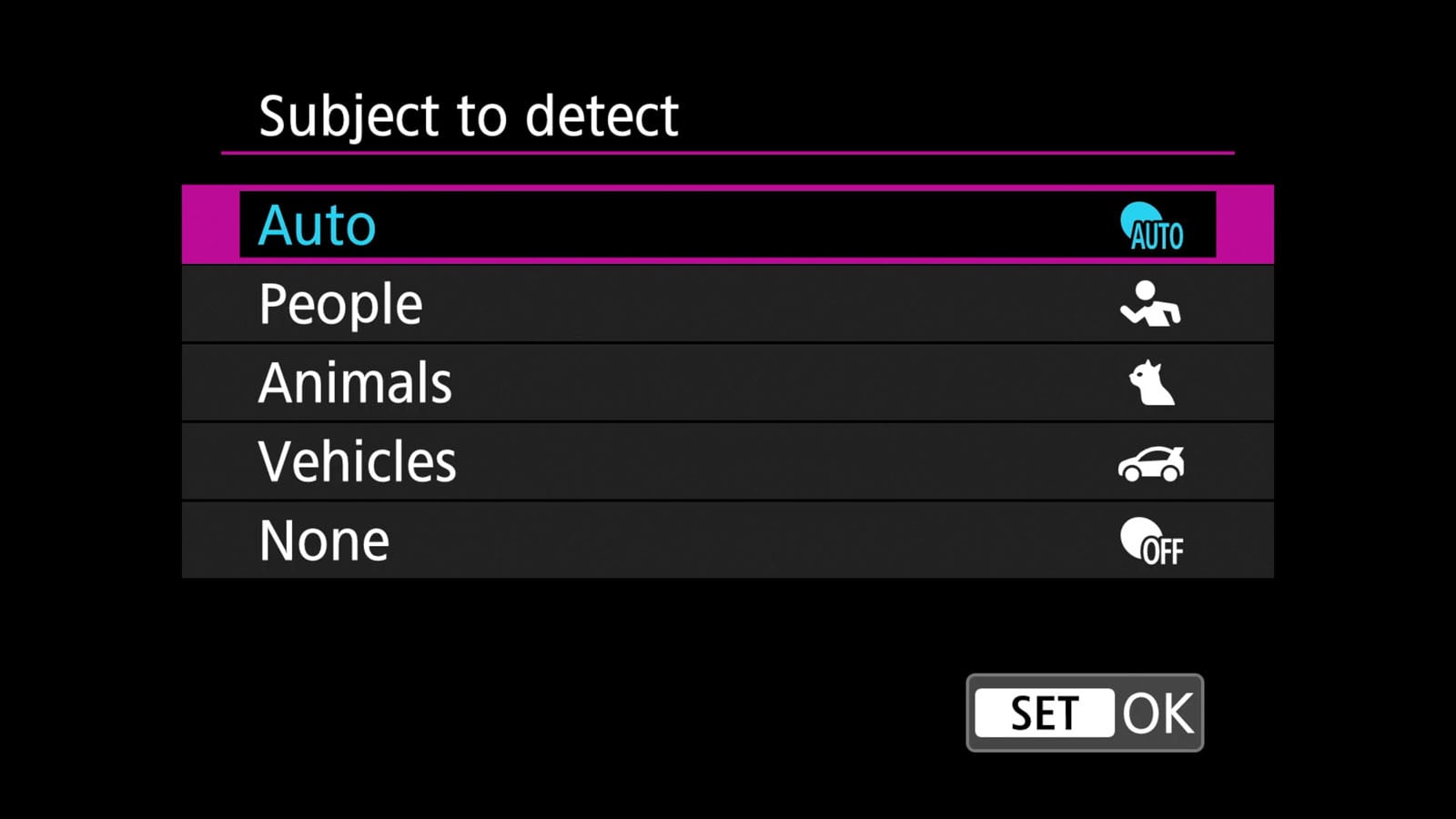 Camera menu screen with "Subject to detect" options: Auto (selected), People, Animals, Vehicles, and None. "SET" and "OK" buttons are shown at the bottom right.