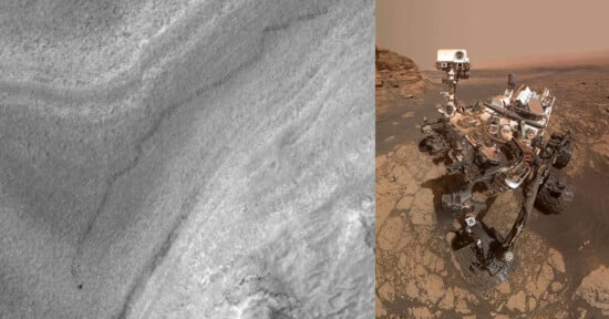 Split image: left shows grayscale, textured Martian terrain with layered lines; right shows NASA’s Curiosity rover with cameras and instruments, standing on rocky Martian surface under a dusty, orange sky.
