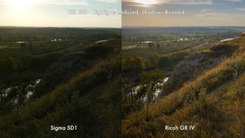 A side-by-side comparison of a hilly landscape at sunset, showing differences in lighting and color. The left image is labeled "Sigma SD1" and the right "Ricoh GR IV." Both have the text “100 ISO - Highlights Reduced, Shadows Boosted.”.