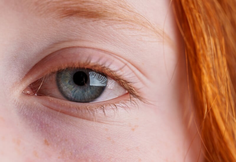 Close-up of a blue eye with light skin and freckles, framed by reddish-orange hair. The eyelashes and eyebrow are clearly visible, and there is soft natural lighting.