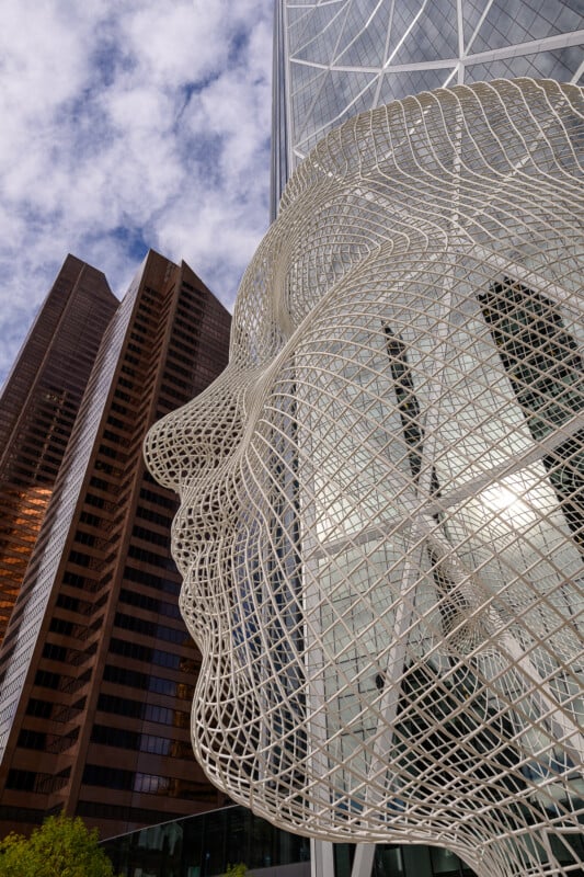 A large wire mesh sculpture of a human head is displayed outdoors in a city, with modern glass and brown skyscrapers rising in the background under a partly cloudy sky.