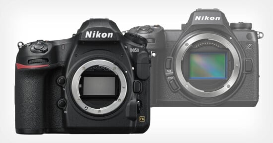 Two Nikon cameras are shown: a Nikon D850 DSLR on the left with its lens removed, revealing the sensor, and a Nikon Z series mirrorless camera on the right, partially faded into the background.