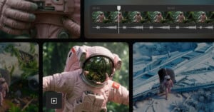 A collage featuring a person in a pink spacesuit: close-ups of their gloves and helmet, an editing interface with video clips, and views of the astronaut near a spacecraft in a lush, green landscape.