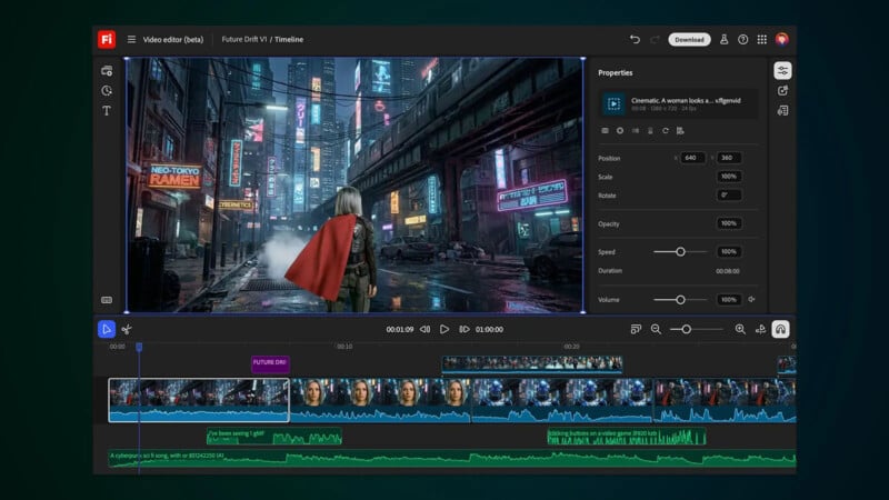 A video editing software interface showing a scene of a person in a red cape standing in a futuristic city street at night. Various editing tools, timeline, and adjustment panels are visible on the screen.