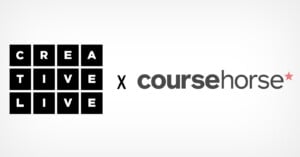 Black square tiles spelling "CREATIVE LIVE" on the left, a black "x" in the center, and the "coursehorse" logo in gray with a pink star on the right, all on a light background.