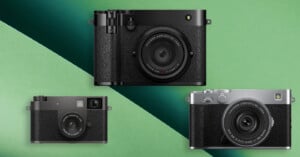 Three compact cameras with textured grips are displayed against a green, diagonally split background. The top camera is black, the lower left is black, and the lower right has a silver and black body.