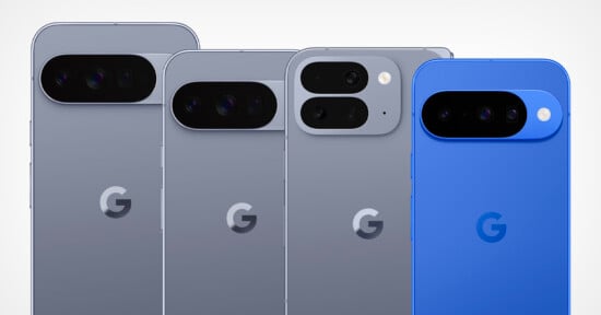 Four Google Pixel smartphones in grey and blue are shown from the back, highlighting their camera bars and Google "G" logos. The camera designs are slightly different on each device.