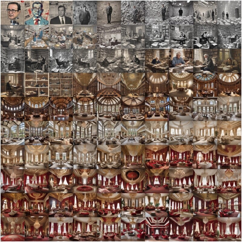 A collage transitions from black and white office scenes at the top to grand, ornate, colorful palace-like rooms with red carpets and gold accents at the bottom, illustrating dramatic changes in environment and style.