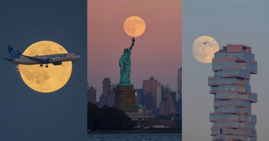A collage showing a plane flying in front of a full moon, the Statue of Liberty holding the full moon, and a modern building with the moon behind it at dusk.