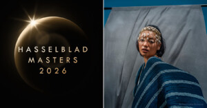 Split image: Left shows "Hasselblad Masters 2026" text over a dark eclipse background. Right shows a woman in blue clothing and decorative headpiece posing against a gray backdrop.