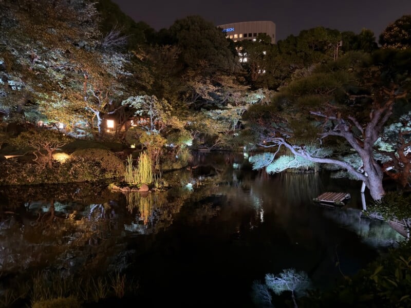 A tranquil Japanese garden at night, illuminated by soft lights with trees reflecting in a calm pond; a wooden raft floats near the shore and a city building is visible in the background.