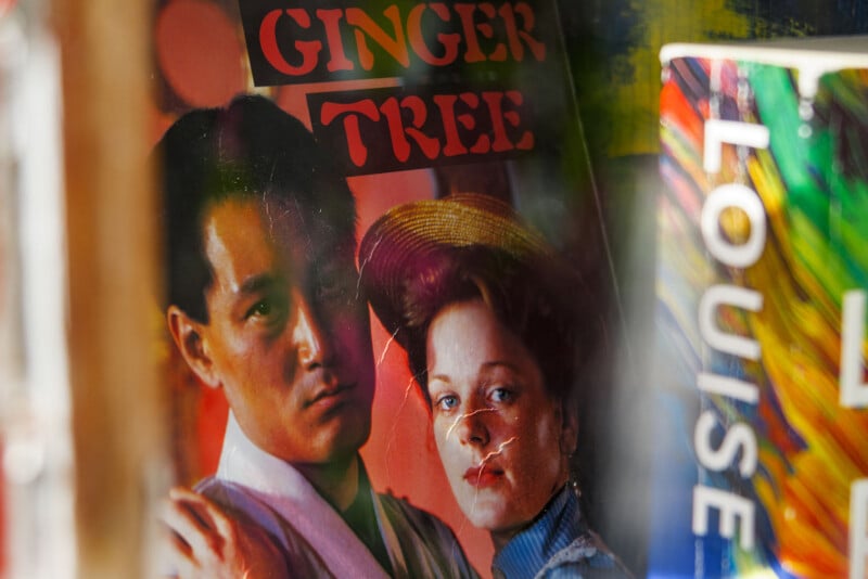 A close-up of the book cover "Ginger Tree," showing a man in traditional attire and a woman in a hat, both facing forward. Part of another colorful book, with "LOUISE" visible, is seen on the right side.