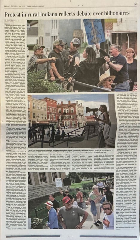 A newspaper page features three photos of people protesting outdoors in rural Indiana, holding signs and engaging with each other. The headline reads: "Protest in rural Indiana reflects debate over billionaires.