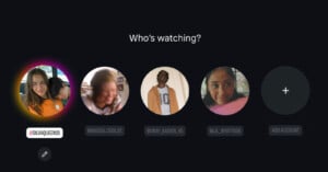 A streaming service profile selection screen displays five accounts with profile pictures, usernames, and an option to add a new account. The text at the top reads, "Who’s watching?.