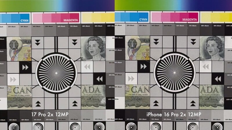 A side-by-side comparison of two camera test charts featuring color blocks, grayscale patterns, and currency images, labeled "17 Pro 2x 12MP" on the left and "iPhone 16 Pro 2x 12MP" on the right.
