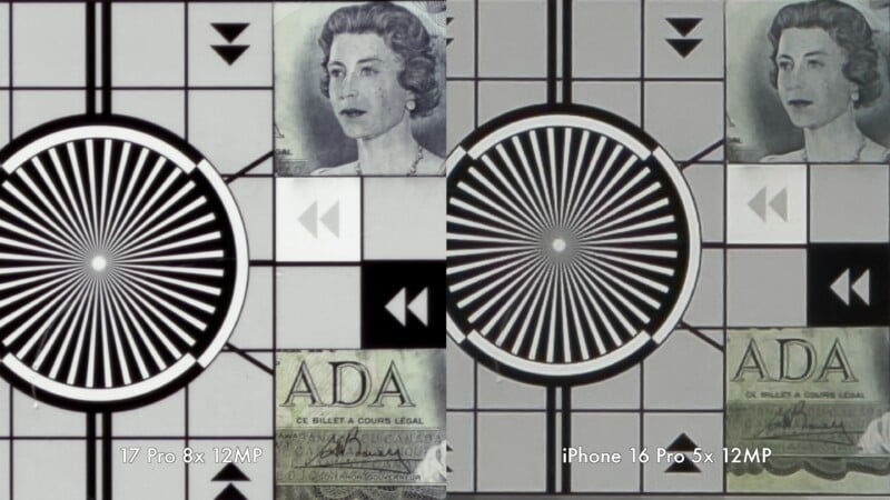 Side-by-side comparison of zoomed-in test patterns and currency details, labeled “17 Pro 8x 12MP” on the left and “iPhone 16 Pro 5x 12MP” on the right, showing differences in image clarity.