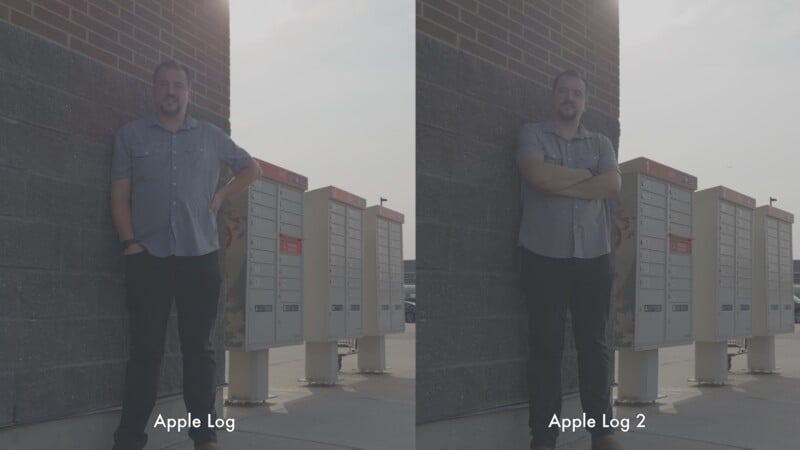 Side-by-side images of a man standing near a mailbox unit outside, labeled "Apple Log" on the left and "Apple Log 2" on the right, showing different lighting and color tones.